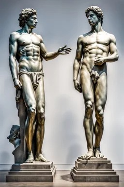 in a modern art display, two famous statues are next to each other, one is David and the other is the Discobulus statue. The discobulus hand covers the private part of David, they both look disgusted at each other