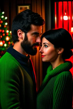 Fire place Christmas scene, dark haired couple, man with short black beard, blue eyes, cozy, young couple, woman in green sweater, high definition, graphic