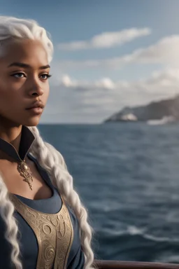 twenty-year-old mulatto sorceress, with wavy snow-white hair, sadly looking at the horizon on the bow of a ship, with the wind blowing her hair.