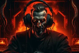 Portrait animateur radio diable cyberpunk, incendie en arrière plan