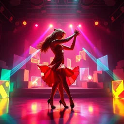 A breathtaking 3D animation of a passionate woman dancing a hot, energetic salsa. Her movements are fluid, expressive, and perfectly synchronized. Surrounding her is a futuristic, evolving stage filled with animating abstract 3D geometric structures that constantly morph, shift, and pulse to the rhythm. Dynamic, vibrant neon lights, colorful volumetric laser beams, and dramatic strobes sweep across the dark environment, casting beautiful shadows. Cinematic camera movement with smooth tracking sh