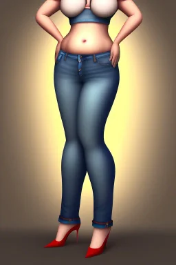 fat girl, jeans, crop top, fat belly, side view