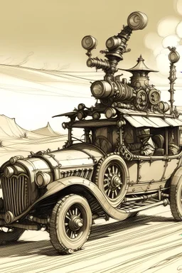 Sketches, A steampunk car driving in desert, inking art
