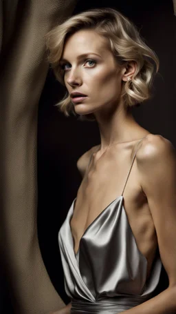 photography of a beautiful anorexic woman, silver satin top, sports illustrated, short wavy bob haircut, pronounced sternum