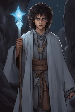 A DnD character in a dark cave. A mysterious half-elf twilight cleric with dark, super curly hair and blue eyes. Wearing a grey robe with star symbols on it.