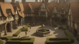 A Paved Courtyard, With Tudor Gothic Houses, Tall twisted Chimneys, twisted Roofs, People, Shops,