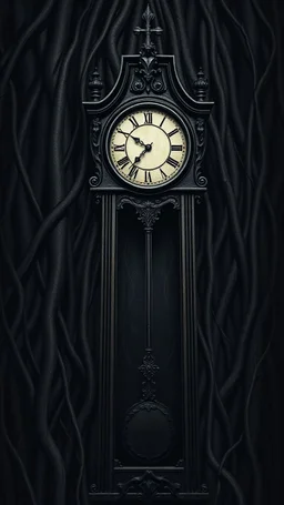 An old antique grandfather clock in the background of black vein, human veins, mixing together a lot of them, like a forest, big and small veins a lot of them, a shadow of hooded black ghost