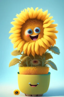 Cheery and cute sunflower in a pot avatar full body in fluffy material