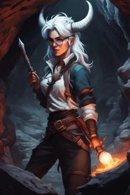 A Dnd Tiefling with a long tail and small horns in a dark cave. A female archeologist with white hair, wearing glasses, in adventurer's clothes. Cunning, beautiful, cool.