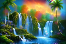 island waterfall palms twigs bubble spring sunset rainbow