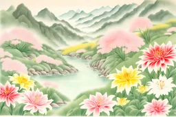 中国画，一座山坡上布满了美丽的野山花。在画面中，红色、粉色、黄色和 
