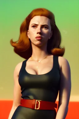 retro portrait image from 1960, Moscow background, wind, long red hair, fighting stance, sweet young Scarlett Johansson, classic black tight lycra suit, weapon, gold bracelet and belt, high heel boots, soft color, highly detailed, unreal engine 5, ray tracing, RTX, lumen lighting, ultra detail, volumetric lighting, 3d, finely drawn, high definition, high resolution.