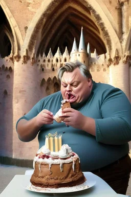 fat viktor orban eating birthday cake in a castle