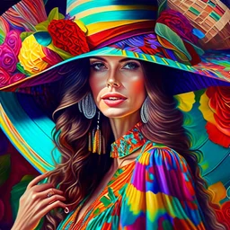 Hermosa mujer con sombrero y vestido coloridos, calidad ultra, hiperdetallado, increíble obra de arte, maximalista,12k