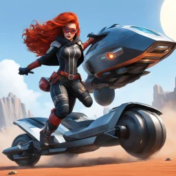 una mujer pelirroja, con un mono con cremallera, guantes, botas altas, capa y antifaz, dos pistoleras: she drives the 'Jumping JACK' Turbo Hovercycle on the outskirts of Palladium's RIFTS Earth.