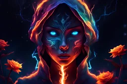 neon, abstract, amazing shadow and lightning, 4k, cinematic, glowing eyes, cosmic, face, dream, space, stars, amazing, art, glowing, fire, fantasy, crazy, ultimate, club, insane, digital painting, watercolor, flowers, flower background, pagan, runes