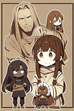 This is an illustration of a man with long hair, rendered in a cartoon style. The figure is skillfully drawn, with great attention to detail, much like a character one might find in an anime or manga. The artist used a dominant brown color palette, with a rich brown foreground and background, giving the character a warm, earthy tone. The animation style is reminiscent of a fictional character from a popular anime or manga series. The man's face and hands are slightly blurred, which adds an i