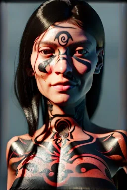 Ultra Realistic image, 30 years old Spanish woman, portrait, small complexion, natural small busty, traditional Japanese tattoo, jakuza style, vibrant color, highly detailed, art stations, concept art, smooth, unreal engine 5, god rays, ray tracing, RTX, lumen lighting, ultra detail, volumetric lighting.