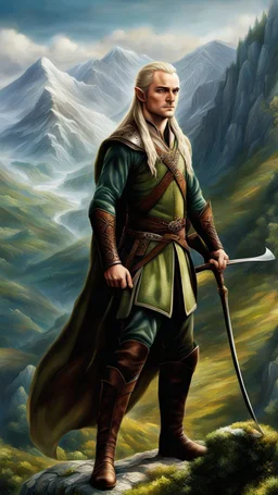 Legolas en las montañas, arte renacimiento, full body, calidad ultra, hiperdetallado, increíble obra de arte, 64K