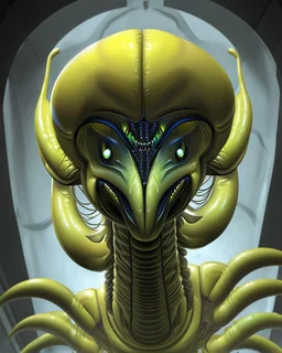 Distorted large yellow insectoid alien black eyes, in a mall, sci-fi art, graphic design, digital illustrated scene, alien art, high strangeness, absurdist, cartoonists