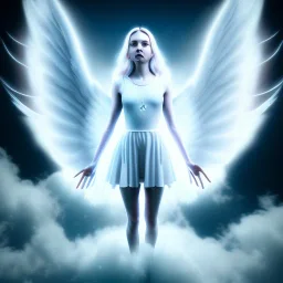 An angel with white wings, I am a bright nimbus, in the sky, ultra graphics,RTX, TXXA, SSAO, High quality,hyperrealistic, HDR,4k