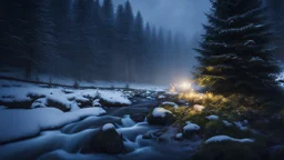 fir forrest scenery, heavy mist,,creek,forest,christmas ,tree,fireflies,night,snow,fir tree,high-quality photograph,photorealistic, shot on Hasselblad h6d-400c, zeiss prime lens, bokeh like f/0.8, tilt-shift lens 8k, high detail, smooth render, unreal engine 5, cinema 4d, HDR, dust effect, vivid colors,night