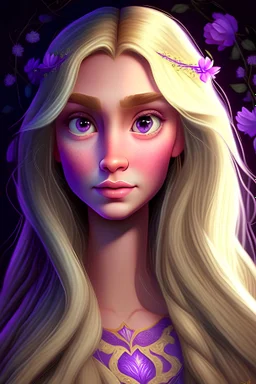 Princess Rapunzel with a very beautiful and symmetrical face, with a charming look, with lighting, with flowering hair and a luminous face