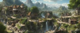 A busy outdoor surrealists market, in a beautiful surreal outdoor countryside summer scene, with hills, intricate dwellings, many weird creatures, many pathways & stairways, waterfalls, & a waterwheel : in the style of Salvador Dali & Hieronymus Bosch, very high detail, photorealistic, epic cinematic, 8K, Large depth of field