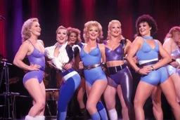 a cabaret ambiance in the 80ties: michelle johnston as bebe in blue sports underwear, alyson reed as cassy in leotard, nicole fosse as kristine in grey leotard and a belt purple