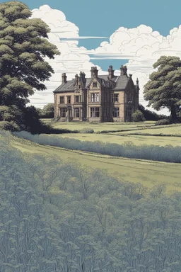 disused, Victorian manor house, blue sky, over-grown fields, vector art