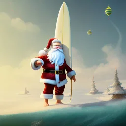 Santa standing of surfboard surfing a big wave, surfboard, beach, character design by cory loftis, fenghua zhong, ryohei hase, ismail inceoglu and ruan jia. unreal engine 5, artistic lighting, highly detailed, photorealistic, fantasy