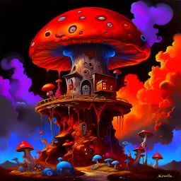 A fantabulous black, orange, and blue (((mushroom tower house))) erected atop a (geologic pillar), surrounded by the uncanny imaginative ((( swirling skies))), offset by the stark hues of a (neon-tinged nebulous space scape), within. captured by the hand a skilled master painter with a focus on (softly blurred compositions and voluminous lighting).