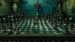 A blackish teal shadowy chess themed stronghold painted by Leonardo da Vinci