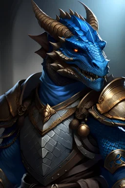 A blue dragonborn warroir with amber eyes and runic tattoos, metal armor