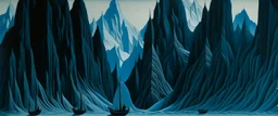 Dark cyan frigid fjords with a frozen peak designed in Javanese shadow puppets painted by John Brack