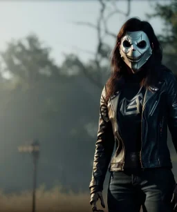 A badass Sofia Buttela wearing a scream mask, atmospheric, realistic, unreal engine, cinematic lighting, octane render.