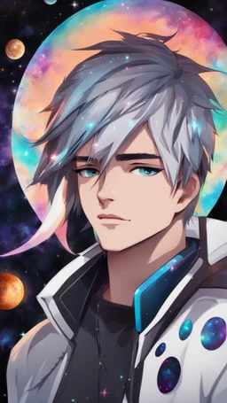 A close picture to cool guy with whit hair and galaxy skin