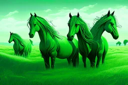 illustration fantasy green horses in a field from afar