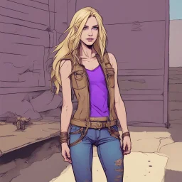 A girl with a purple gold hue around them with small bits of purple gold on their skin. They have long, dirty blonde hair and wear a tank-top with a jacket around their waist and jeans. They wear boots and have violate eyes.