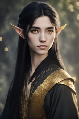 young elven of seventeen years old, golden eyes and straight black hair, dressed in ancient cloth