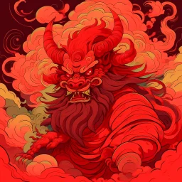 An orangish red Japanese Oni kingdom in Expressionism art style with swirling smoke