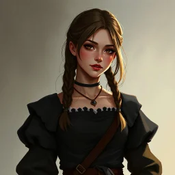 pretty girl, conventionally attractive, dark clothes, tight top, medieval, scholar, digital art