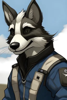 anthro skunk with blue eyes wearing flight suit with MiG-21 in background