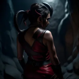 a beautiful tiefling woman with dark hairand tiefling horns in a sleeveless battle outfit, seen from the back, at the edge of a precipice in the dark, ready to jump, photo quality, dark colors