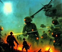 vietnam war. war. napalm. bokeh. lens flare. warm lights. high detailed. beksinski