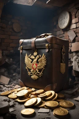 in a LARGE BASEMENT, half-buried in the earth, an ancient, worn-out, worn-out, torn-side valise peeks out, from which gold coins from the time of Catherine the Great fall out. The ancient coat of arms of Russia, the double-headed eagle, is BARELY VISIBLE on the bag. There are a lot of broken bricks and earth around the bag. All in high quality 8K