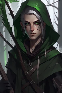 35 year old gender neutral dark rogue wood elf, thief assassin, Mauve hair, messy hair, bright green eyes, brown skin, black hood, black leather, messy, disheveled, trees, sneaky, bow and arrows, tall, skinny