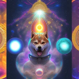 third eye, ascension, shiba inu doge, heaven glowing aura, Q anon, galaxy orbs, samurai