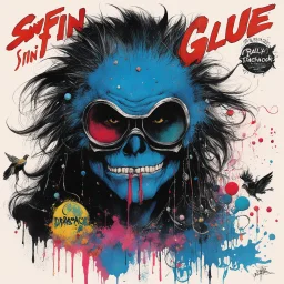 SNFIIN'GLUE album cover by Ralph Steadman for Aardschok(nl) and MetalHammer mag, guest star: Laurana Kanan from Dragonlance glitched acid trip by Mil Mascaras