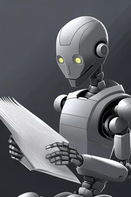 generate a color front cover simplistic illustration representation of Ai metalic grey bot writing a book